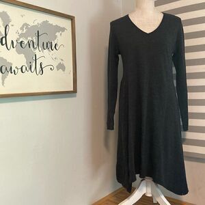 Eileen Fisher Black 100% Merino Wool Long Sleeve Asymmetrical Hem Dress Size M